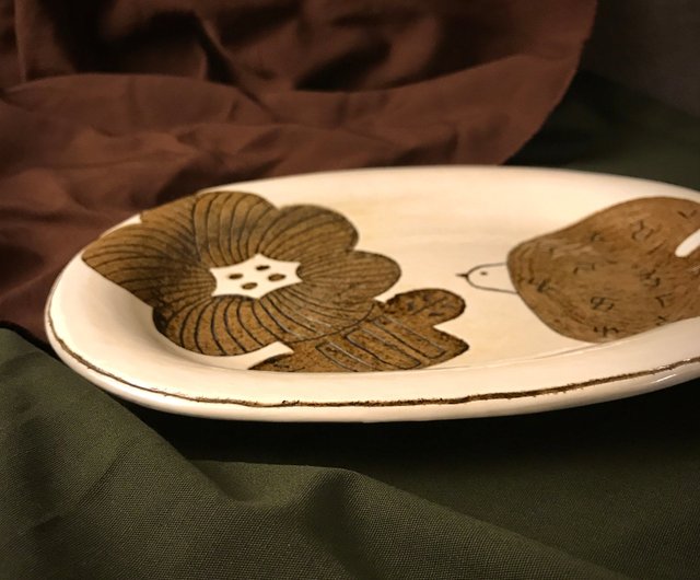 小丸 森手彫り】レトロ あすか花 楕円皿 カレー皿 - ショップ