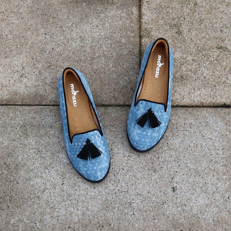 [Watching ripples] Woven denim leather lining casual loafers tie-dye fabric limited light blue - รองเท้าอ็อกฟอร์ดผู้หญิง - หนังแท้ ขาว