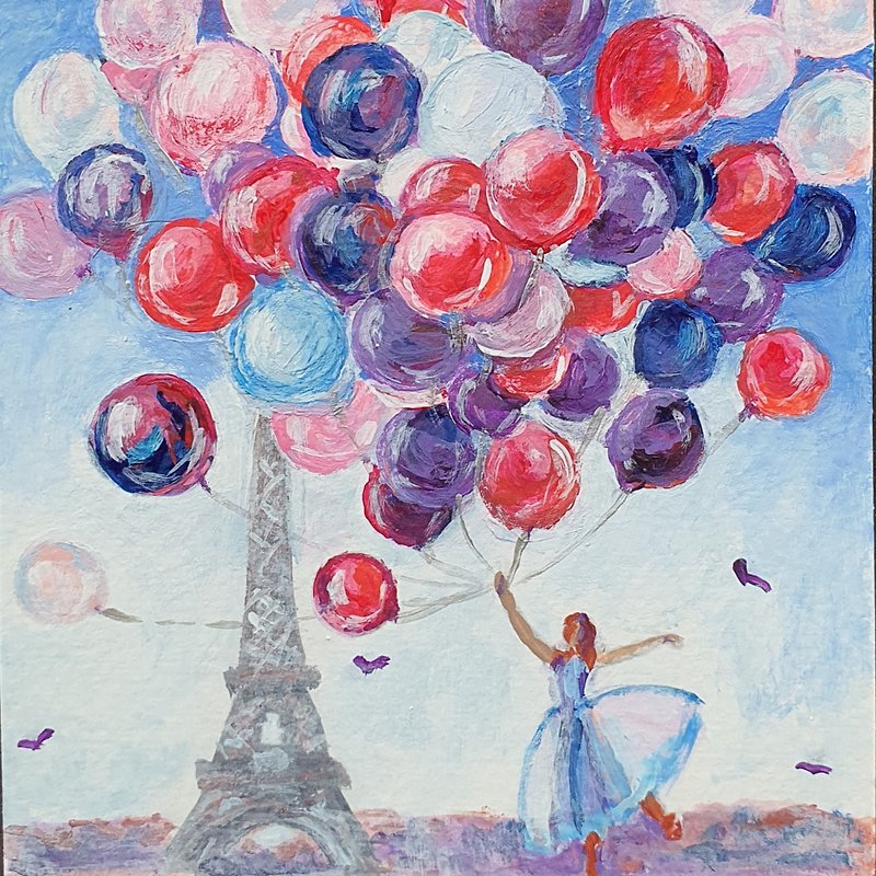 ポストカード エッフェル塔の絵 バレリーナ 風船 パリ オリジナル アートワーク フランス - ポスター・絵 - その他の素材 多色