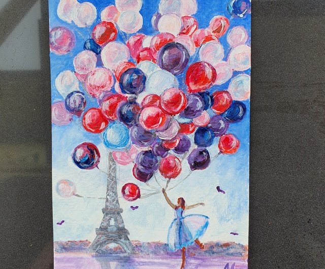 ポストカード エッフェル塔の絵 バレリーナ 風船 パリ オリジナル