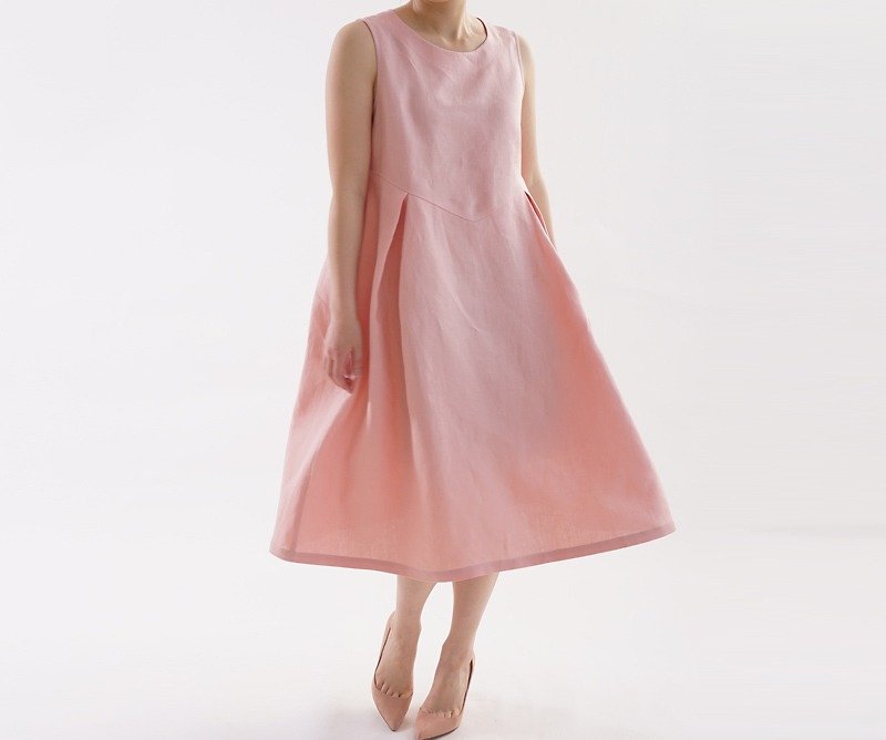 Belgian linen fluffy skirt sleeveless one-piece dress / rose soul a019a-rsm2 - ชุดเดรส - ผ้าฝ้าย/ผ้าลินิน สึชมพู