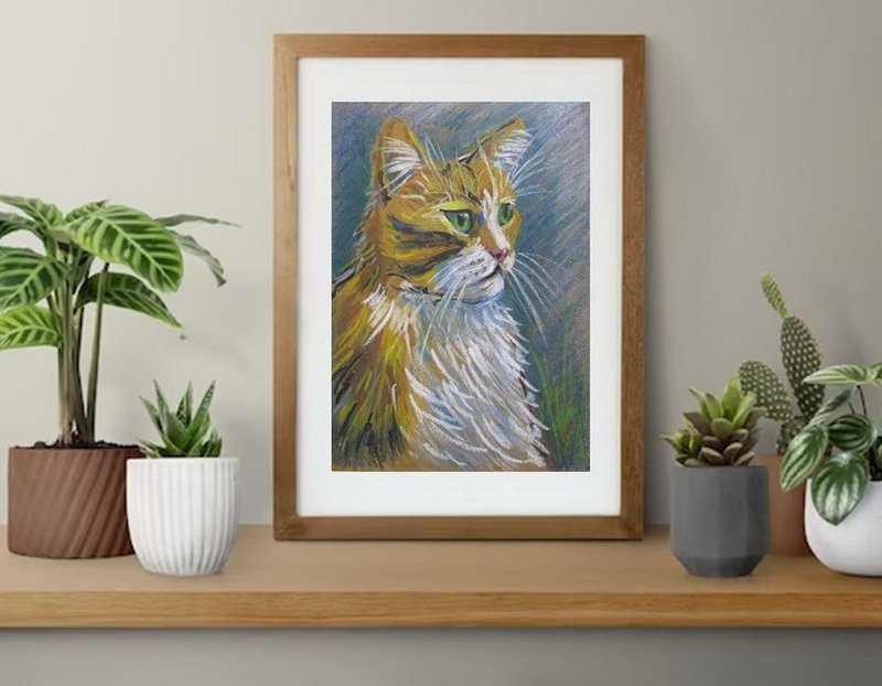 Cat portrait oil pastels drawing on paper home wall decoration, kids room décor - โปสเตอร์ - กระดาษ หลากหลายสี