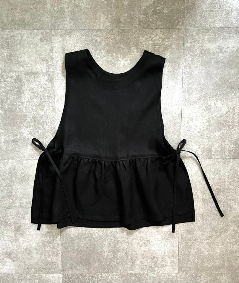 側邊絲帶縮褶背心 - 女上衣/長袖上衣 - 棉．麻 綠色