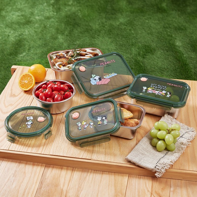 [Corning tableware] SNOOPY camping fun Stainless Steel crisper 820ml - Lunch Boxes - Stainless Steel Green