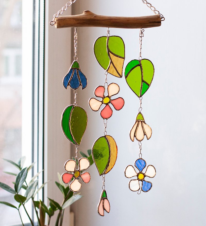 Stained glass pink flowers in spring. Hanging stained glass window - Wall Décor - Glass 