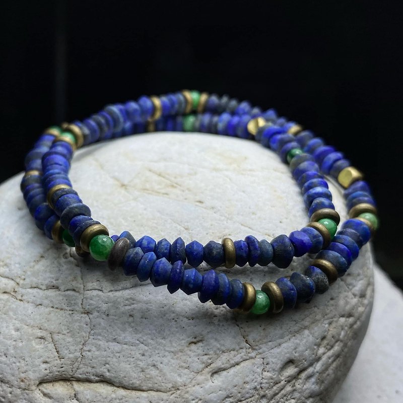 Blue Beaded Bracelet Lapis Lazuli Jade Bronze(Two in a Set) - Bracelets - Stone 