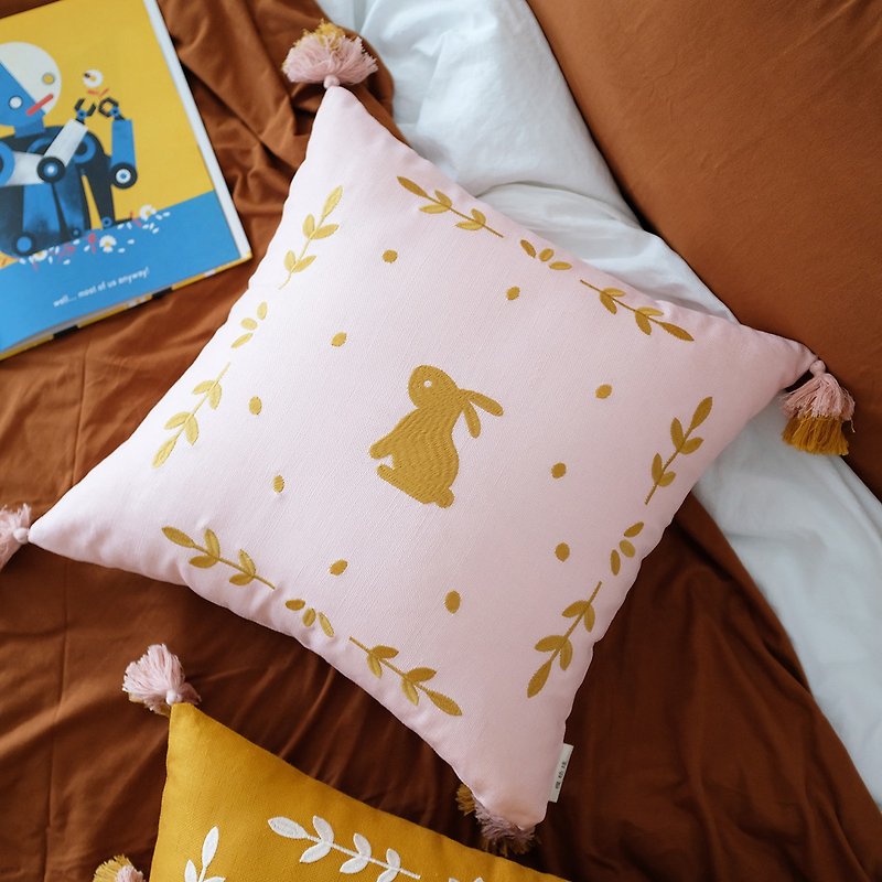Pink bunny double tassel embroidery cotton Linen pillow living room sofa cushion cute girl&#39;s mind