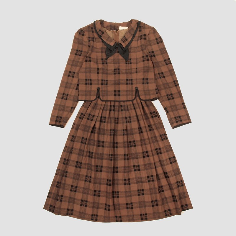 │moderato│ College Plaid bow tie shape vintage retro dress │ Forest. England Miss Art - One Piece Dresses - Polyester Brown