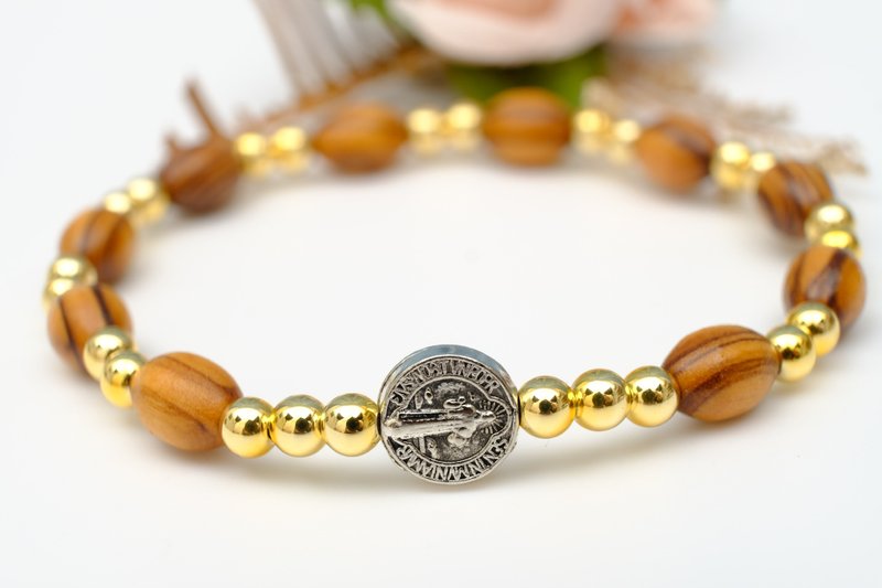 Saint Benedict Gold Wooden Bracelet - Bracelets - Wood Multicolor