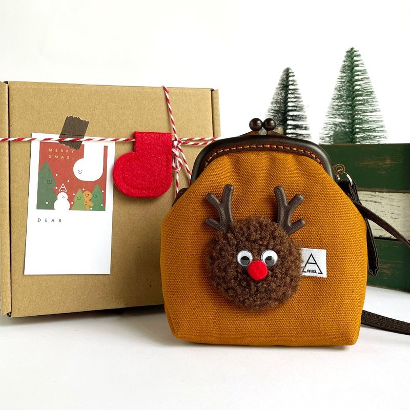 Forest elk plastic gold coin purse/with long strap/can be worn on the back - กระเป๋าแมสเซนเจอร์ - ผ้าฝ้าย/ผ้าลินิน สีนำ้ตาล