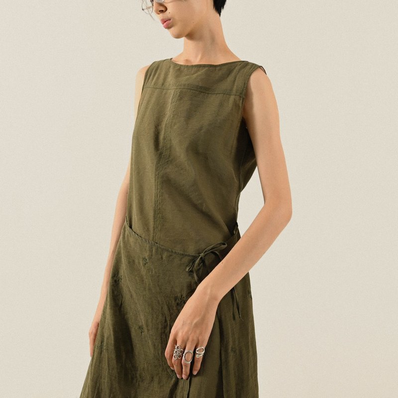 【NaSuBi Vintage】綁帶飾片紗質刺繡古著洋裝 - 洋裝/連身裙 - 其他人造纖維 綠色
