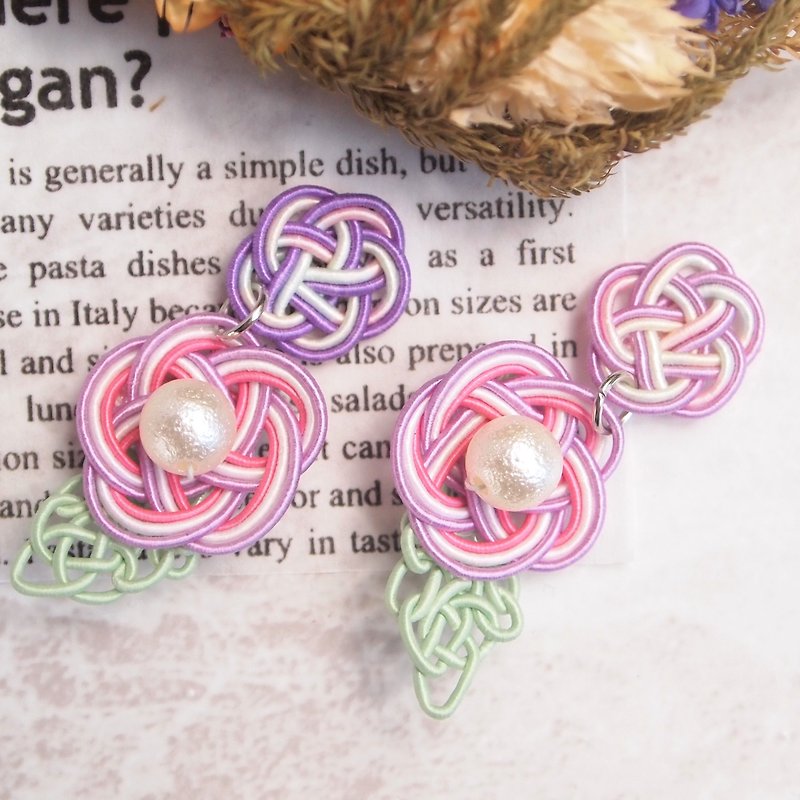 [Earrings/ Clip-On] Mizuhiki simple flower lover - Earrings & Clip-ons - Paper Purple