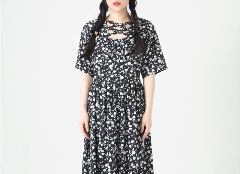 French retro chiffon floral waisted dress - One Piece Dresses - Other Materials Black