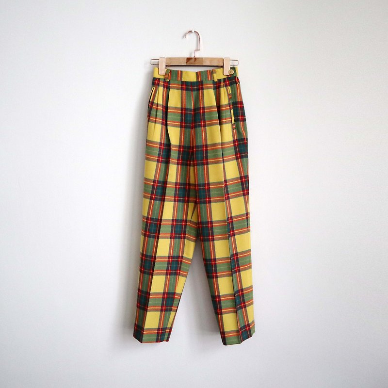 Pumpkin Vintage. Ancient yellow check wool trousers - กางเกงขายาว - ขนแกะ สีเหลือง