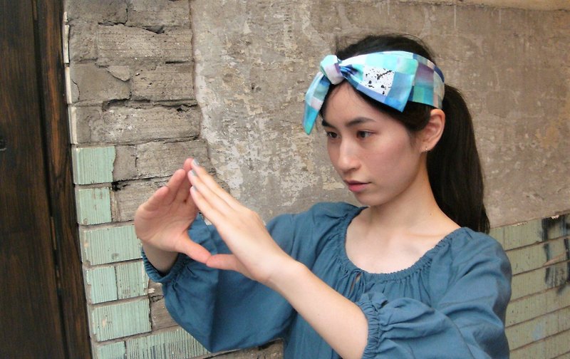All of the sea l limited edition l bow tie-style headband Japanese texture - Headbands - Cotton & Hemp Blue