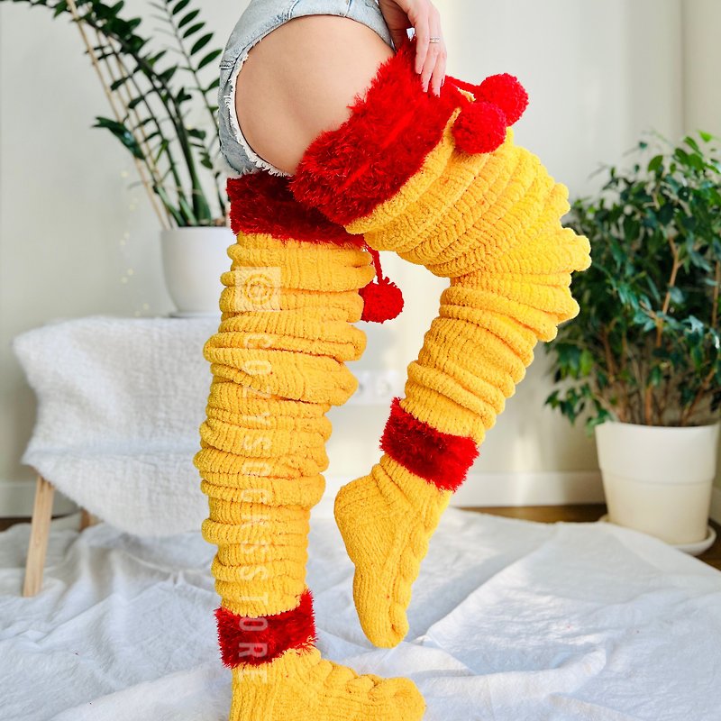 Polyester Stockings Yellow - Plush thigh high christmas stockings Over knee socks Custom home underwear