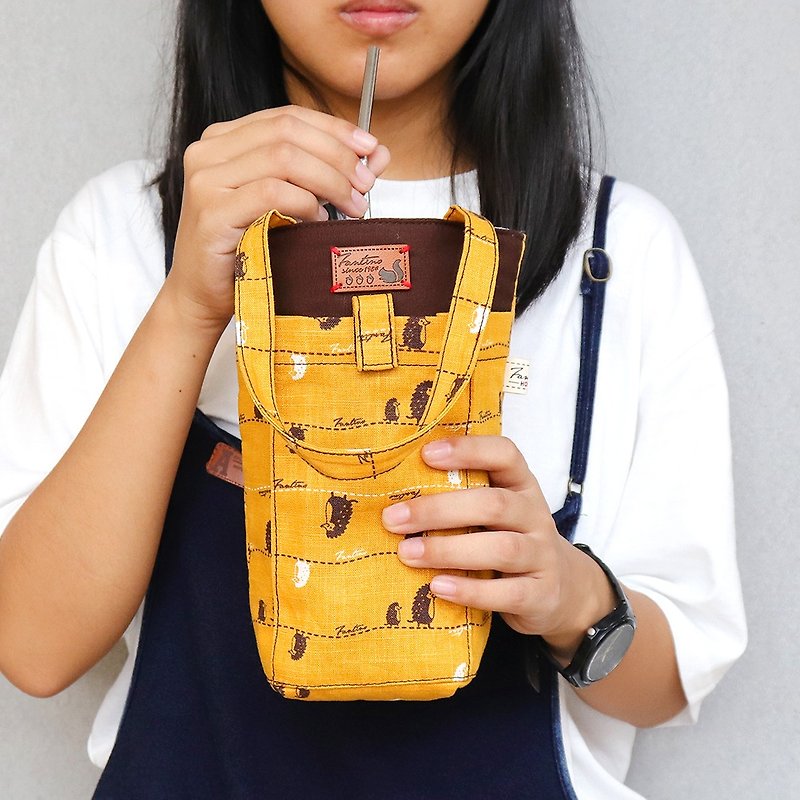 【已絕版】厚感環保手機飲料提袋 ( 漫步一線間 ) 芥末黃 - 杯袋/飲料提袋 - 棉．麻 黃色