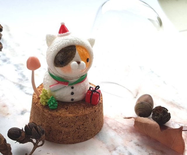 クリスマス猫ミニチュア猫雪だるま（ガラスカバー） - ショップ cobu