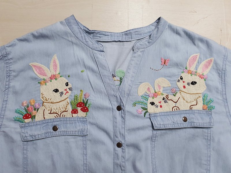 Hand Embroidery Shirt, Cotton Fabric, Rabbit, Flower - Women's Shirts - Thread Blue