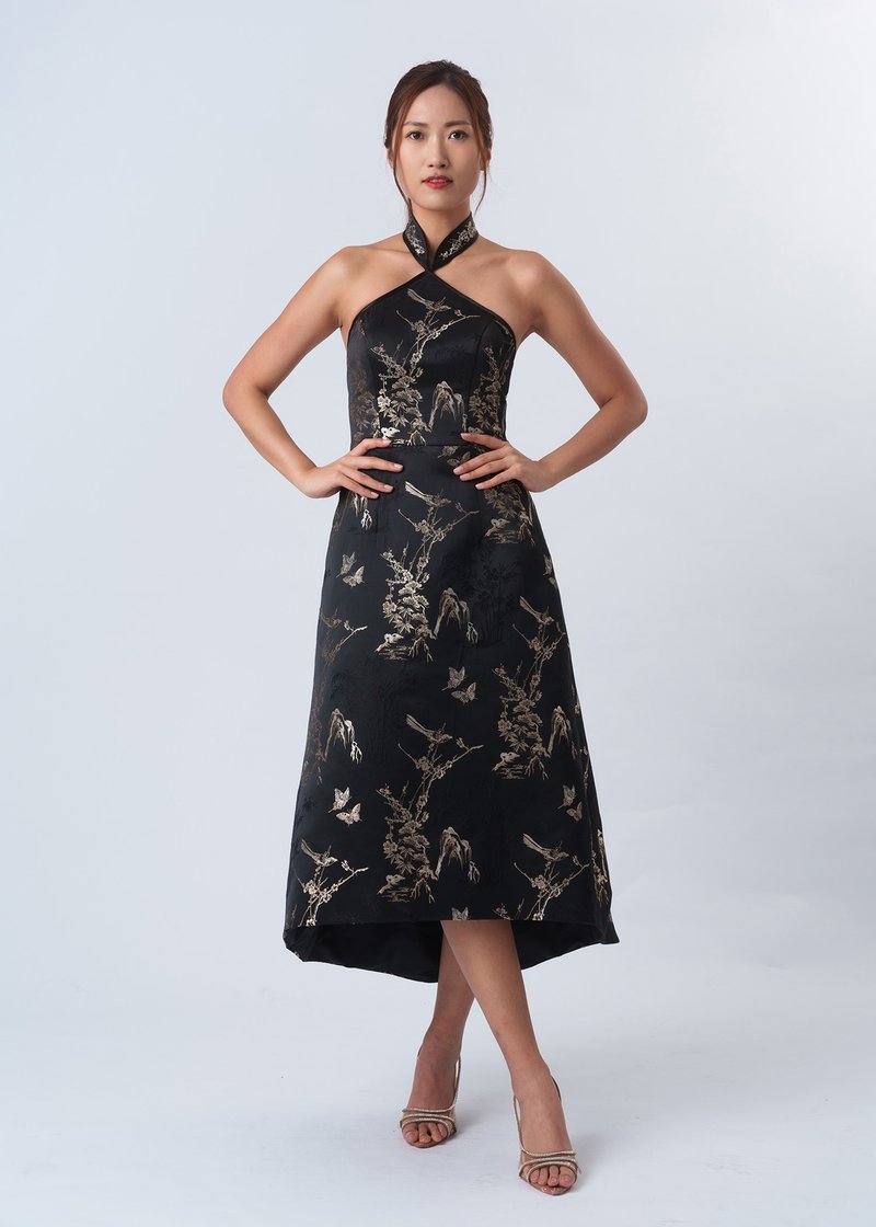 入肩花卉織錦西式旗袍禮服 (黑色/ 金色) - 旗袍/改良式旗袍 - 其他材質 黑色