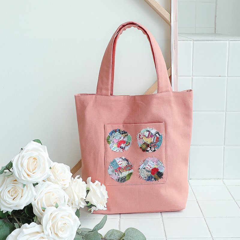 Canvas Hand Bag-Top Handle: Peach Pink - กระเป๋าถือ - ผ้าฝ้าย/ผ้าลินิน สึชมพู
