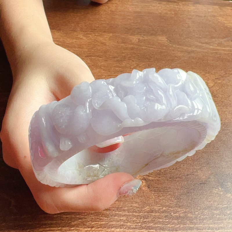 紫羅蘭翡翠雕花手鐲 | 18圍 | 天然緬甸玉翡翠A貨 | 送禮 - 手鍊/手環 - 玉石 紫色