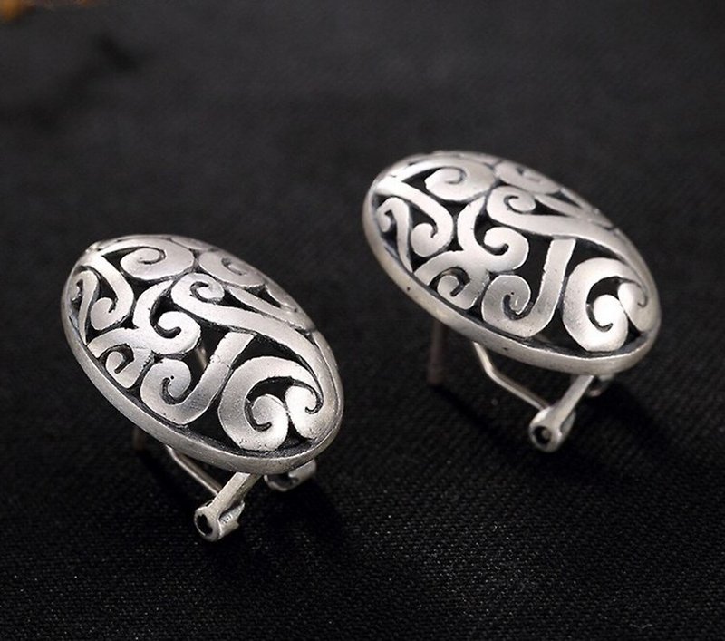 Real 999 Fine Silver Women Vintage Hollow Pattern Stud Earrings Exotic Ethnic