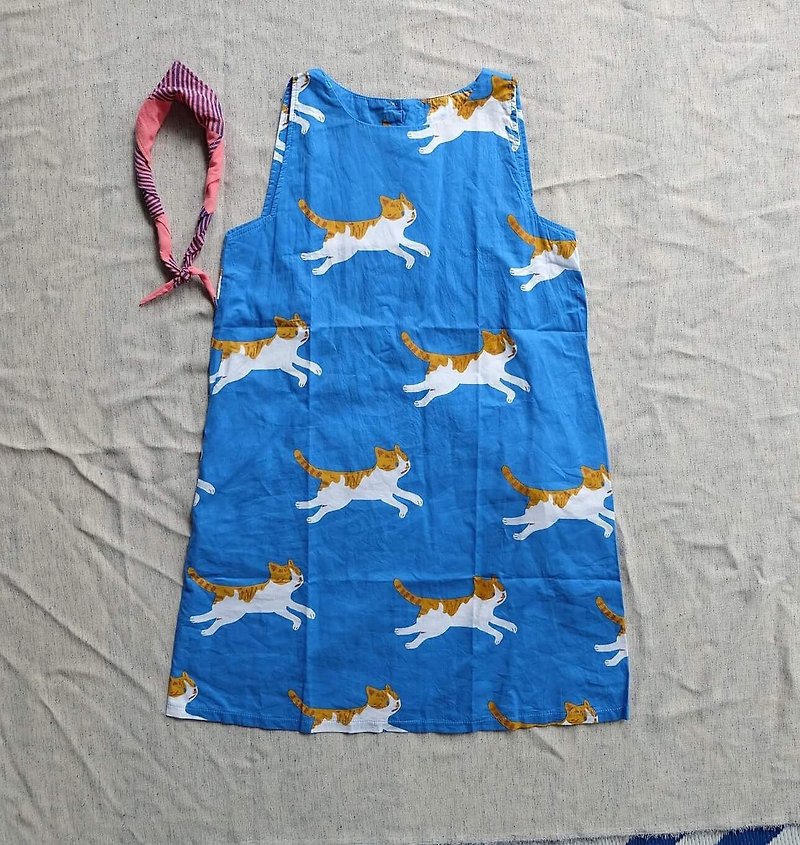 Joyful Cat printed sack Dress - 連身裙 - 棉．麻 藍色