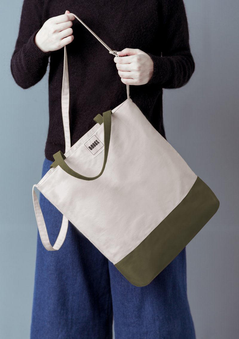 Simple color matching / adjustable strap three-purpose canvas bag / shoulder / portable / oblique back / beige + army green - Messenger Bags & Sling Bags - Cotton & Hemp Multicolor