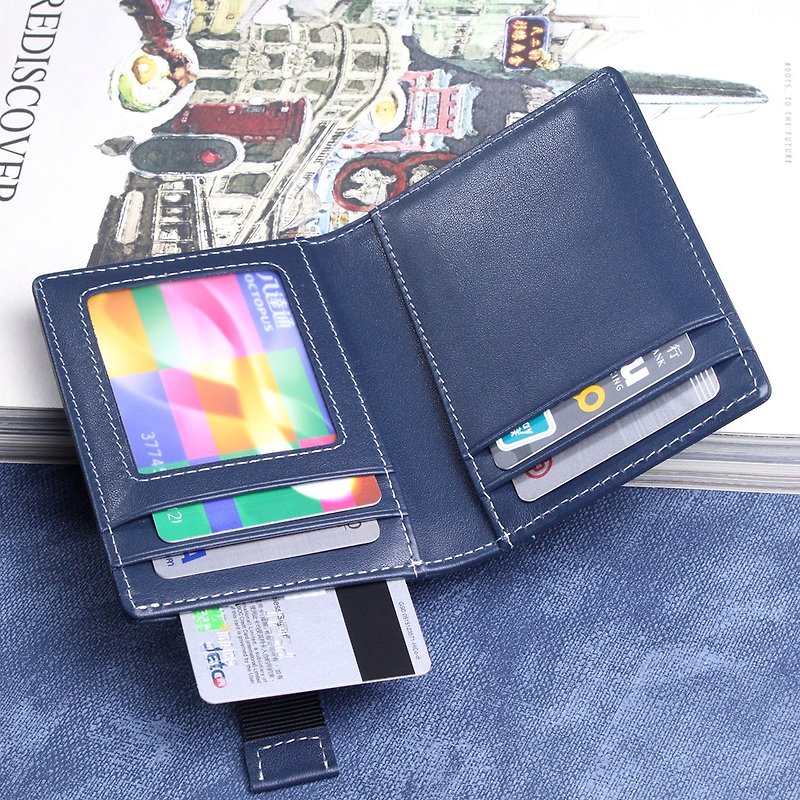 Nox Leather Card Holder, RFID, Free Customization Navy Blue - กระเป๋าสตางค์ - หนังแท้ สีน้ำเงิน