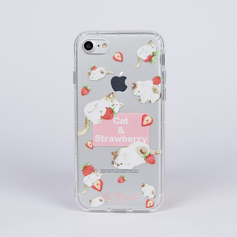 [Fruit Action Series Cat Strawberry] Transparent Pneumatic Soft Shell / Mobile Phone Case - Phone Cases - Plastic Pink
