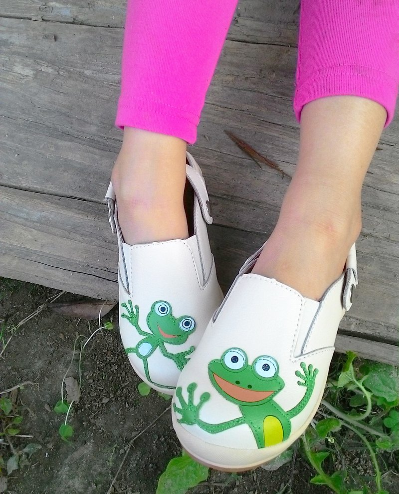 【The Frog】Ultra Light/ Exquisite Hand Sewing/ Leather Cushion/ Sling Back - Kids' Shoes - Polyester Green
