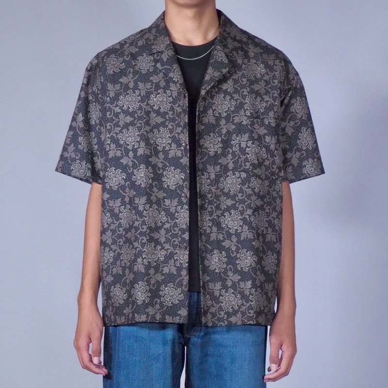 【日本製】【日本製】remake Kimono mens shirt L, tailored collar, silk shirt, gift - Men's Shirts - Silk Gray