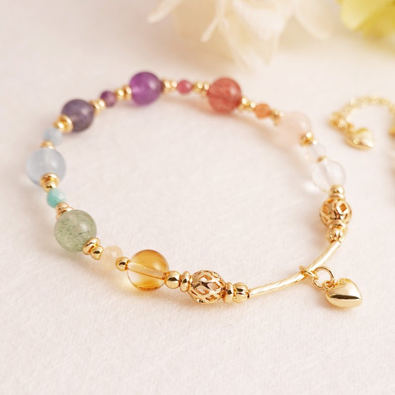 The neon charm after the rain│Rainbow crystal bracelet, strawberry crystal, amethyst, pink quartz, citrine, heliotrope - สร้อยข้อมือ - คริสตัล 