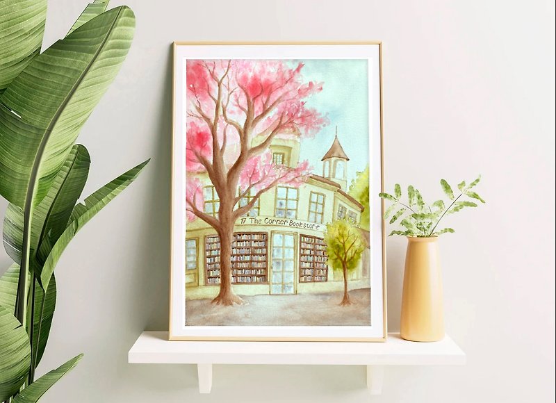 Original watercolor painting of beautiful sakura tree and bookstore building - Wall Décor - Paper Pink