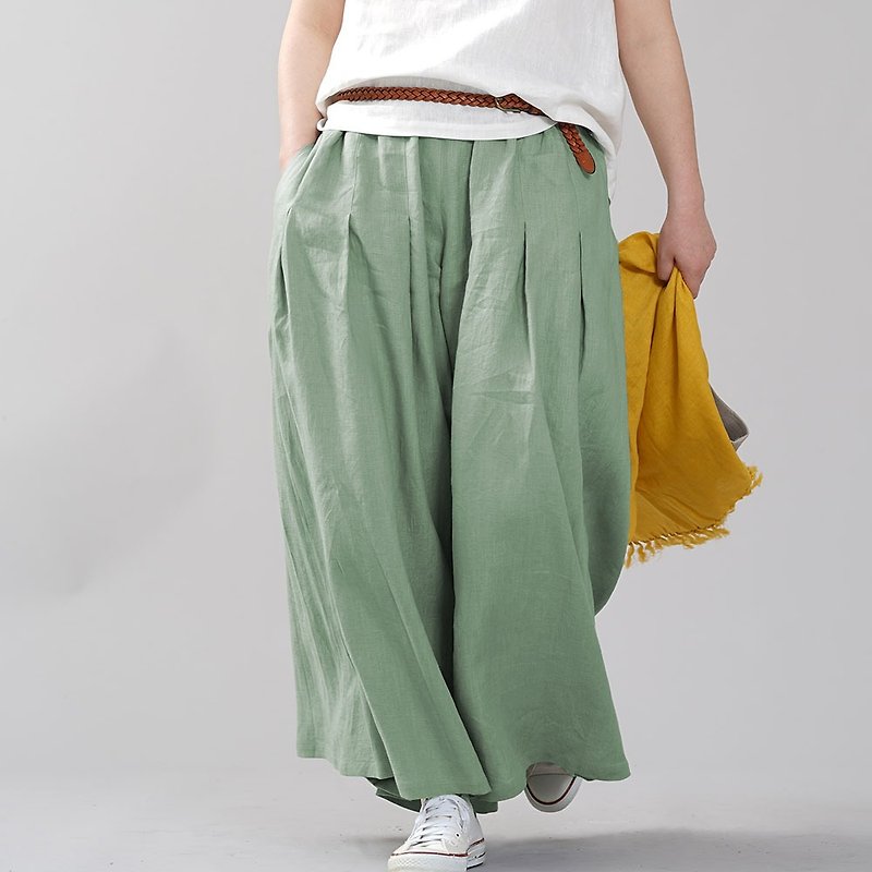 wafu - 純亞麻寬褲 Lightweight Linen Wide-leg HAKAMA pants / Sage b002k-snz1 - กางเกงขายาว - ลินิน สีเขียว