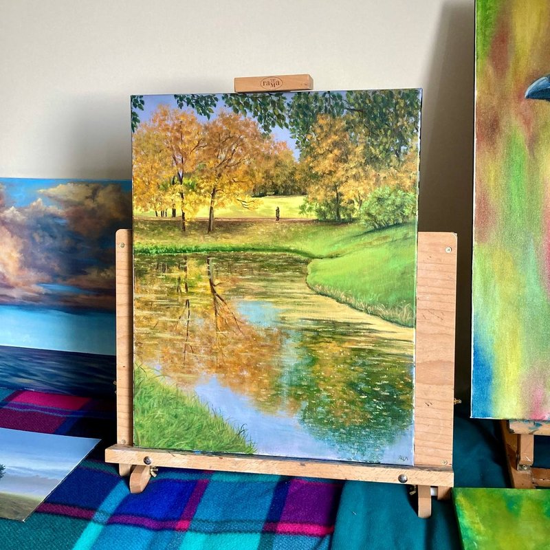 Landscape Painting Autumn Yellow Park Painting Trees Oil Painting Contemporary - โปสเตอร์ - ผ้าฝ้าย/ผ้าลินิน สีส้ม