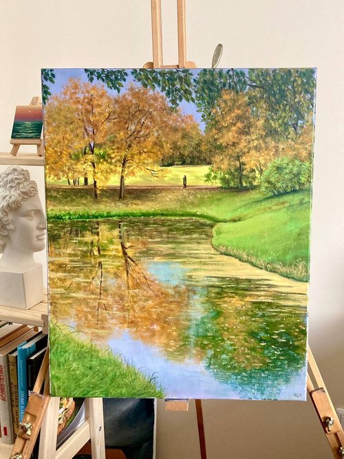 湖と木々の風景 油彩画　約縦65cm　約横75cm　フレームはゴールド色　木製 Amazon.co.jp: 木村由記夫 秋の奥入瀬 F6号 ゴールド 受注制作