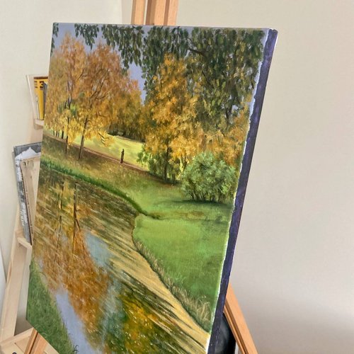 風景画 秋 黄色 公園 絵画 木 油絵 現代 - ショップ