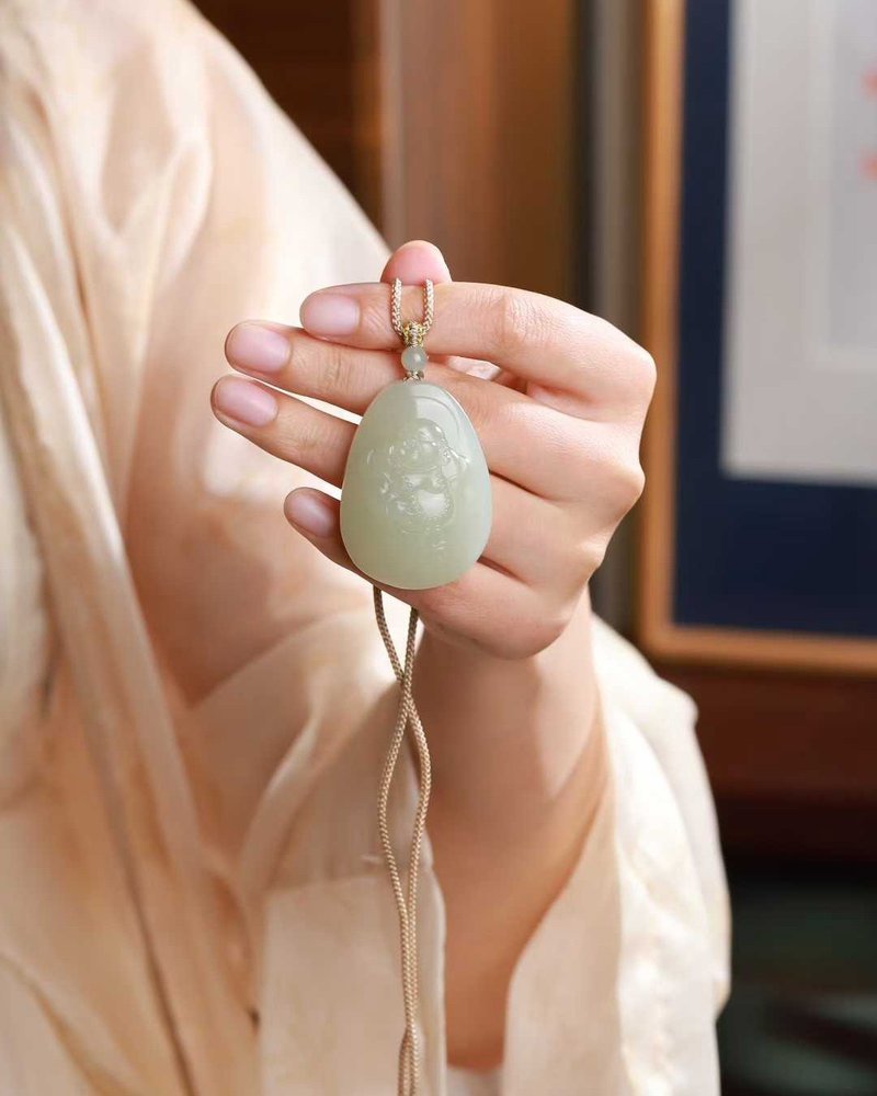 [Buddha Pendant]: Natural Xinjiang Hetian Jade Qinghai Material Necklace / Maitreya Buddha Pendant for Women's Jade Charm - สร้อยคอ - หยก ขาว
