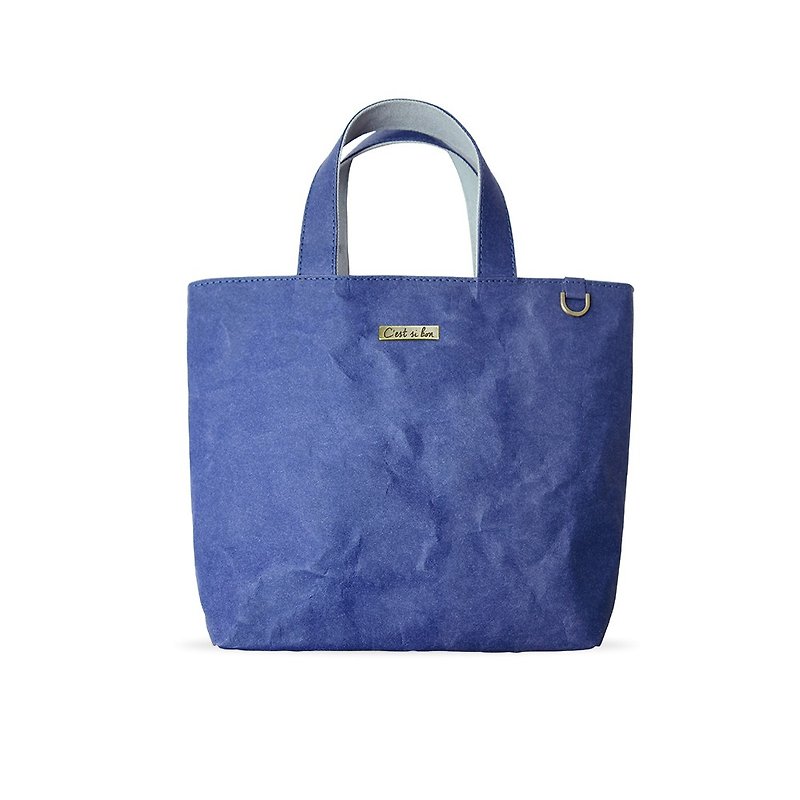 [Leather Paper Series] Environmentally Friendly Washed Kraft Paper Handbag/Small Tote Bag-(Denin Blue) Gift - กระเป๋าถือ - กระดาษ สีน้ำเงิน