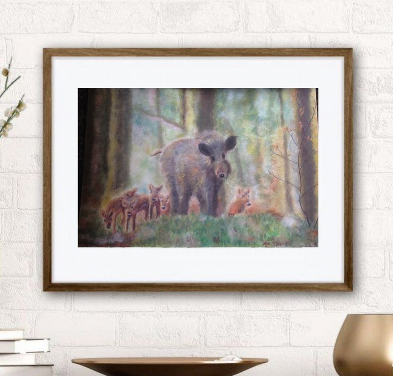 On a walk original painting forest animal handmade landscape wall art - 壁貼/牆壁裝飾 - 其他材質 綠色