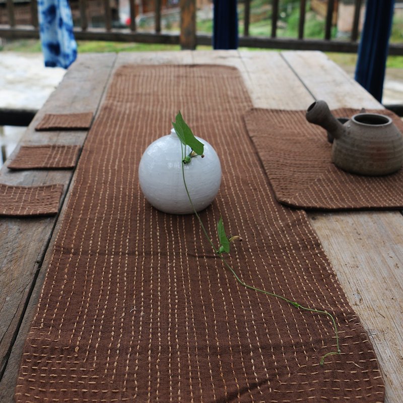 手工土布薯莨柿染茶席手繡刺子雙麵茶巾茶布茶旗棉布桌布客製棕色 - 餐桌布/桌巾/餐墊 - 棉．麻 