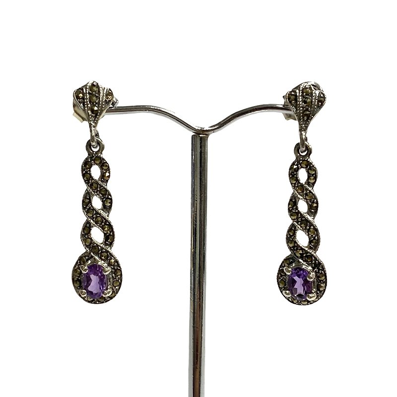 Art Deco Amethyst, Marcasite Spiral Set Pendant & Earrings 925 Sterling Silver - 耳環/耳夾 - 純銀 銀色