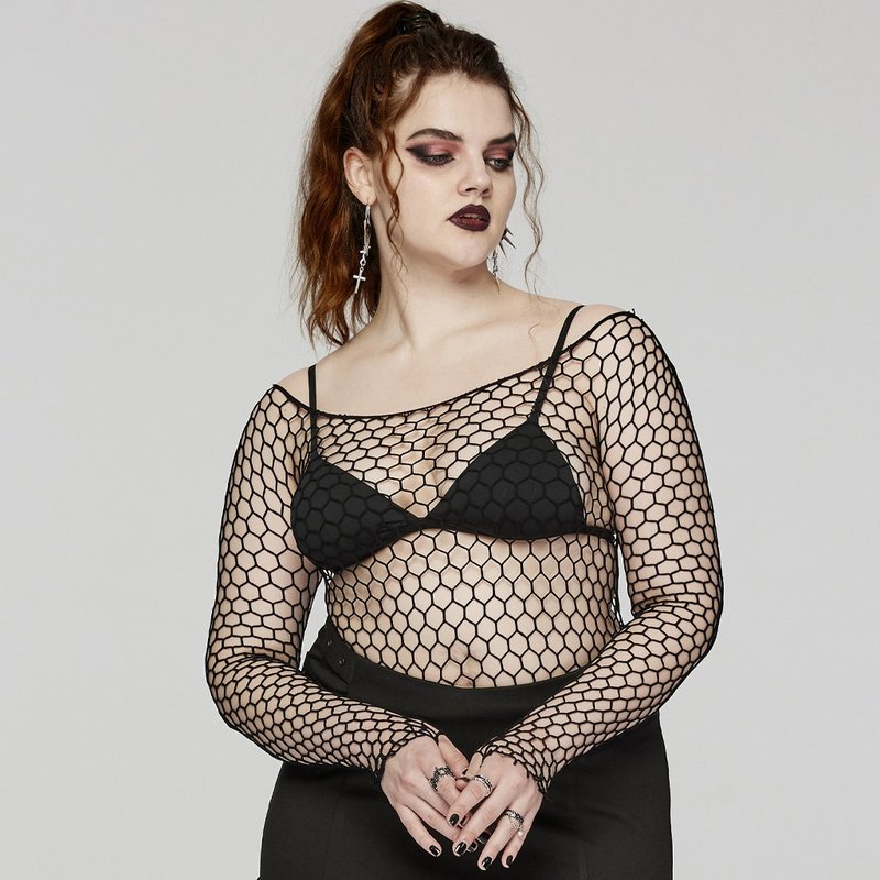 [Large Size] Punk Fortune Teller Round Neck Elastic Mesh Top - เสื้อผู้หญิง - วัสดุอื่นๆ สีดำ