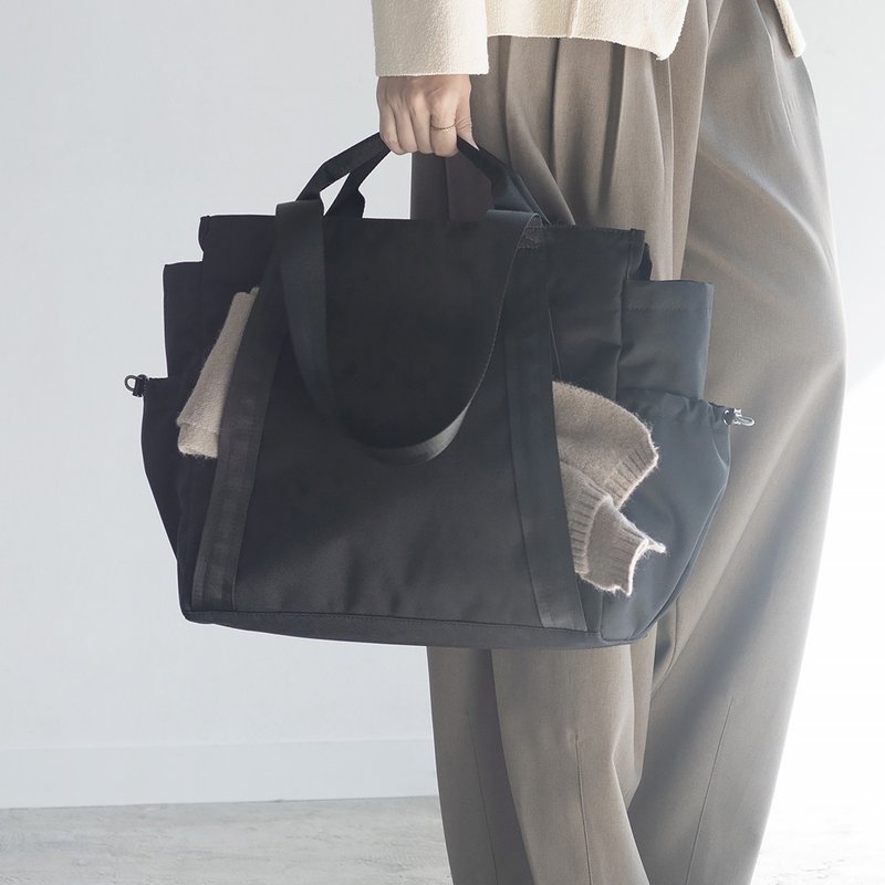 大號【黑色】10口袋托特包 防潑水再生尼龍 大容量 通勤休閒戶外 - 側背包/斜背包 - 尼龍 黑色