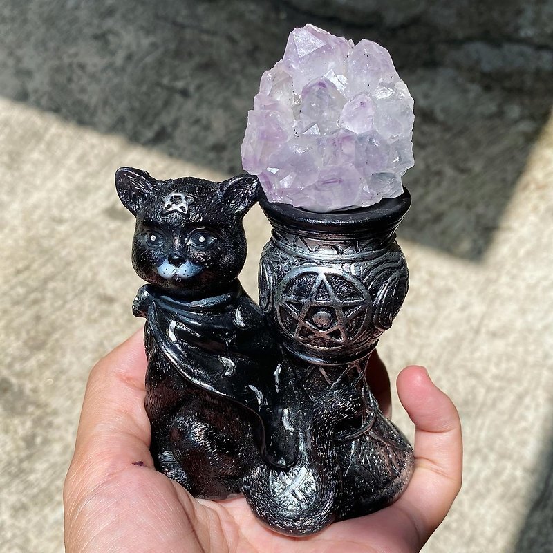 【Lost and find】Natural stone amethyst flower cluster witch black cat ornament - Items for Display - Gemstone Black