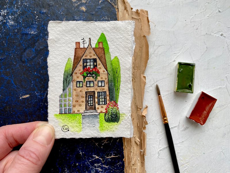 Cozy house art Original watercolor Miniature artwork on handmade paper ACEO - โปสเตอร์ - กระดาษ หลากหลายสี