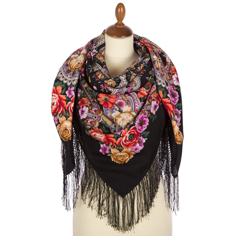 Pavlovo Posad Russian Shawl 100% Wool Scarf 125x125 cm Wrap Silk Fringe 1869-18 - 絲巾 - 羊毛 黑色