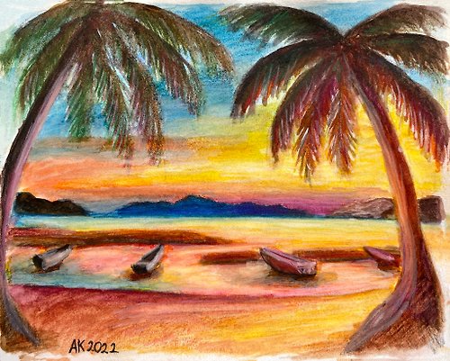 Anastasia Art - 独特的工艺 Tropical Evening watercolour painting, Fiji island, landscape art, travel, sun